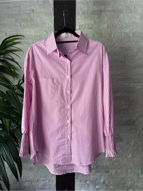 Fantastalook Pink & White Striped Button-Up Smocked Cuff Shirt Size Small